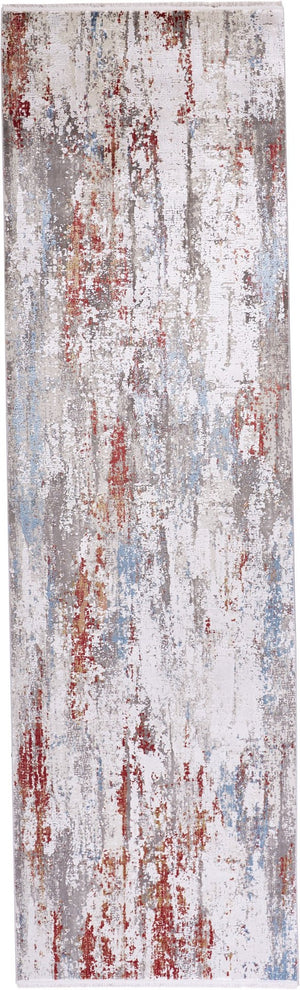 HomeRoots 3' Gray Blue and Red Abstract Power Loom Area Rug with Tassels - Elevate Your Space Instantly! 10' Runner 566067