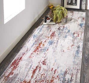 HomeRoots 3' Gray Blue and Red Abstract Power Loom Area Rug with Tassels - Elevate Your Space Instantly! 10' Runner 566067