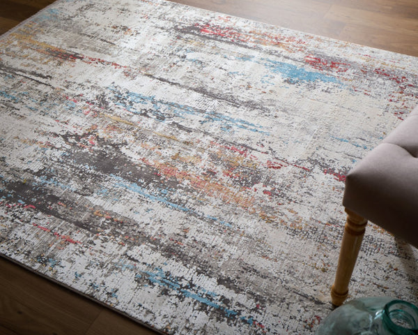 HomeRoots 3' Gray Blue and Red Abstract Power Loom Area Rug with Tassels - Elevate Your Space Instantly! 2' X 3' 566071