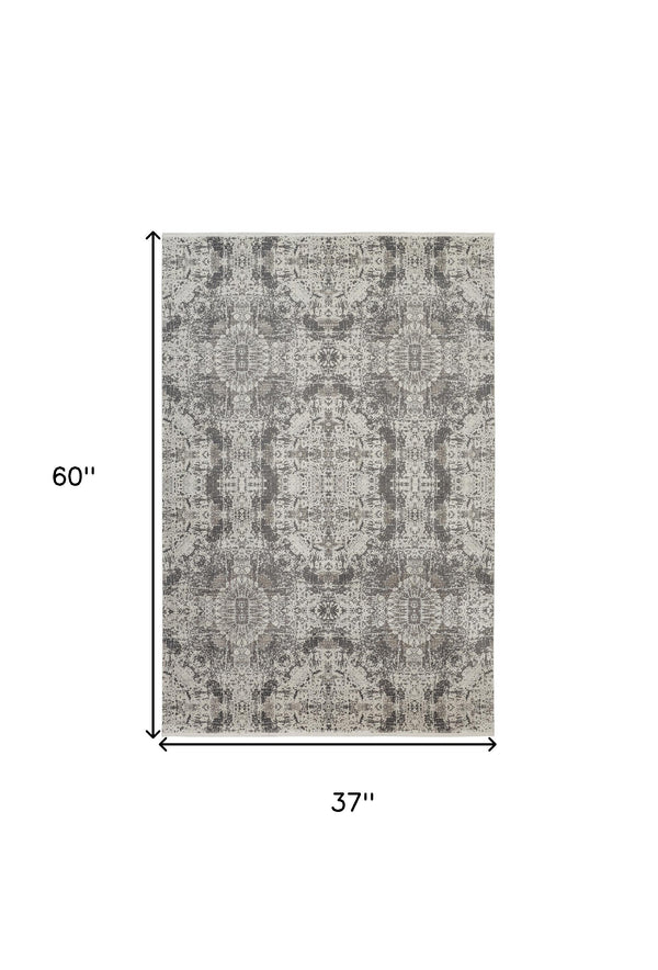 Homeroots 3' X 5' Ivory Taupe And Gray Abstract Power Loom Distressed Area Rug With Fringe Gray Viscose 566072