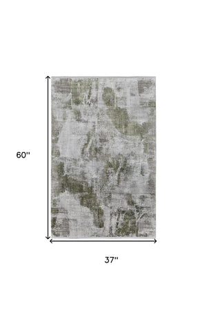 HomeRoots 3' Modern Ikat Area Rug in Gray-Silver and Green with Fringe - Durable Power Loom Design for Any Room 3' X 5' 566077
