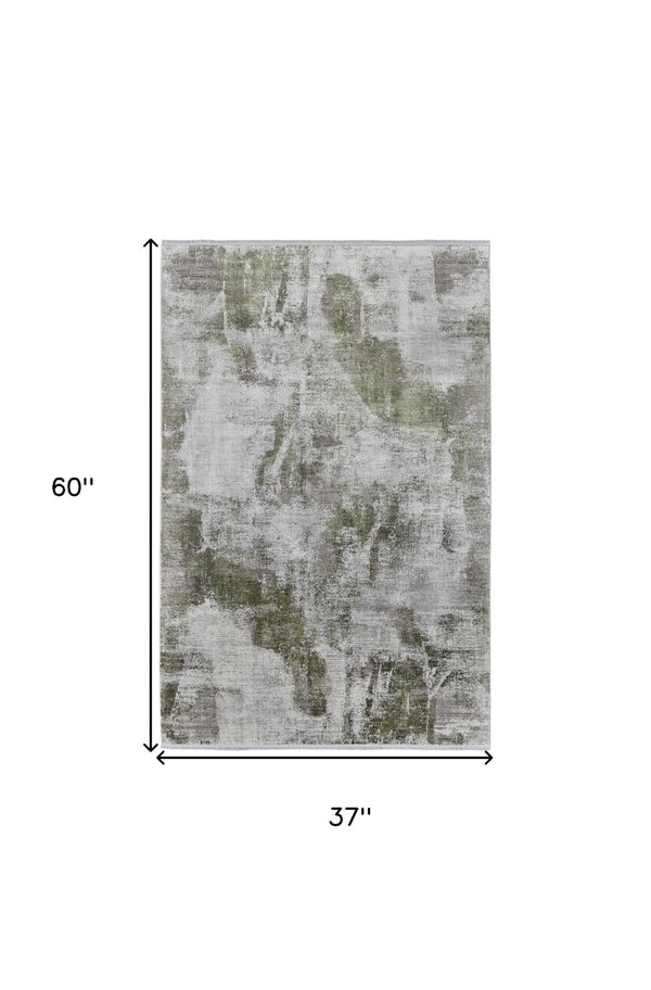 HomeRoots 3' Modern Ikat Area Rug in Gray-Silver and Green with Fringe - Durable Power Loom Design for Any Room 3' X 5' 566077