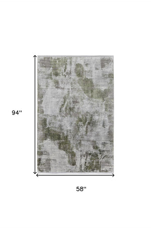 HomeRoots 3' Modern Ikat Area Rug in Gray-Silver and Green with Fringe - Durable Power Loom Design for Any Room 5' X 8' 566078
