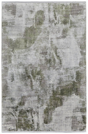 HomeRoots 3' Modern Ikat Area Rug in Gray-Silver and Green with Fringe - Durable Power Loom Design for Any Room 13' X 20' 566087