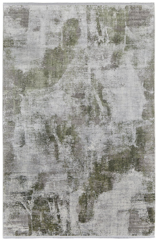 HomeRoots 3' Modern Ikat Area Rug in Gray-Silver and Green with Fringe - Durable Power Loom Design for Any Room 13' X 20' 566087