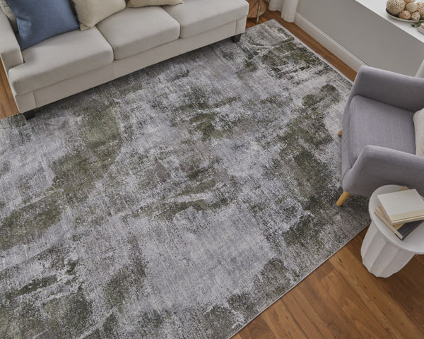 HomeRoots 3' Modern Ikat Area Rug in Gray-Silver and Green with Fringe - Durable Power Loom Design for Any Room 12' X 15' 566089