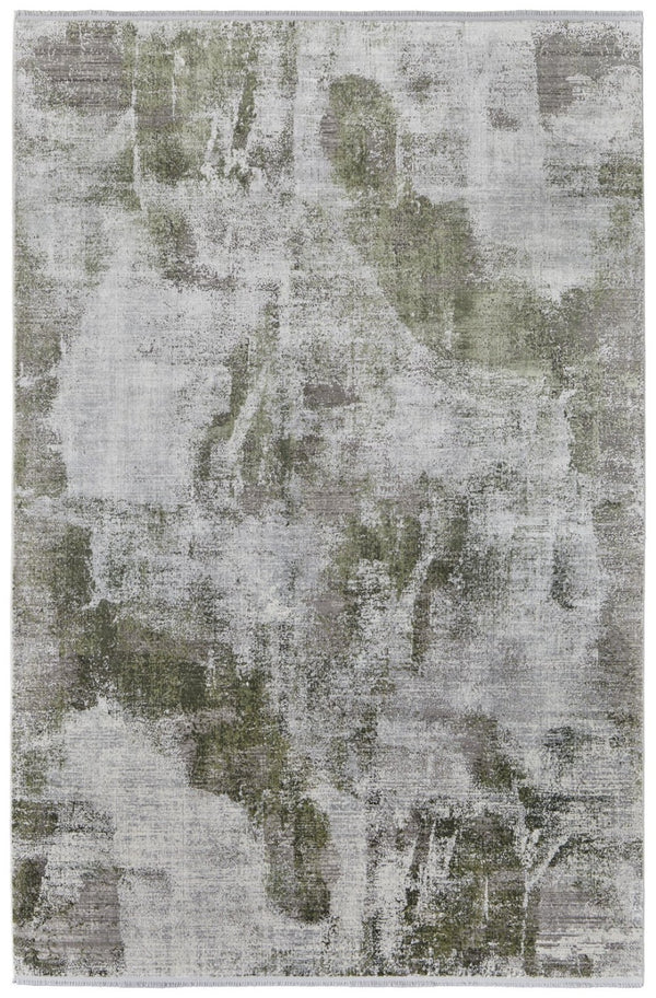 HomeRoots 3' Modern Ikat Area Rug in Gray-Silver and Green with Fringe - Durable Power Loom Design for Any Room 12' X 15' 566089