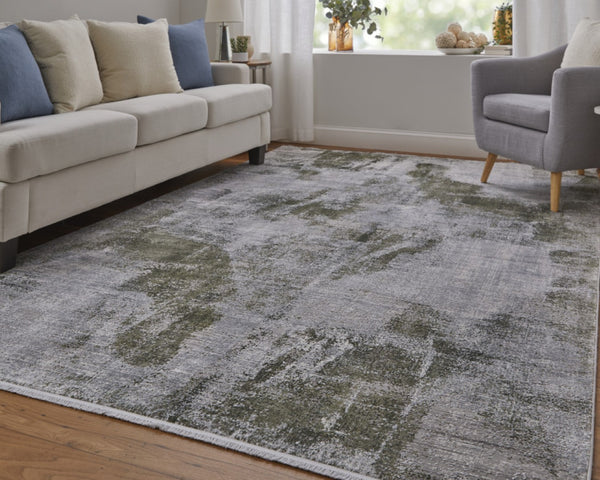 HomeRoots 3' Modern Ikat Area Rug in Gray-Silver and Green with Fringe - Durable Power Loom Design for Any Room 2' X 3' 566091
