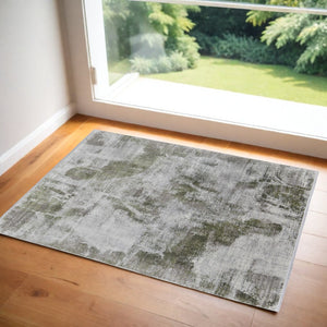 HomeRoots 3' Modern Ikat Area Rug in Gray-Silver and Green with Fringe - Durable Power Loom Design for Any Room 2' X 3' 566091