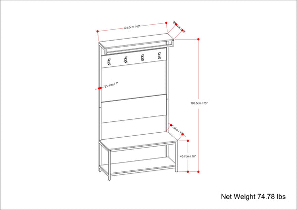 English Elm Westmont Industrial Entryway Hall Tree Bench with Mango Wood, Metal Frame, 4 Hooks, Shelf, 75"H B136P284182