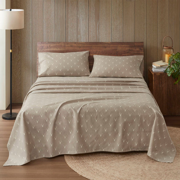 English Elm 4 Pieces Queen 100% Cotton Flannel Sheet Set - Cozy Rustic Stag Head Design For Ultimate Comfort B035P381353