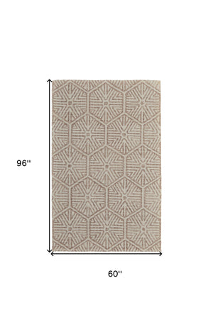 Homeroots 5' X 8' Brown And Ivory Wool Geometric Hand Tufted Area Rug Ivory Wool 566112