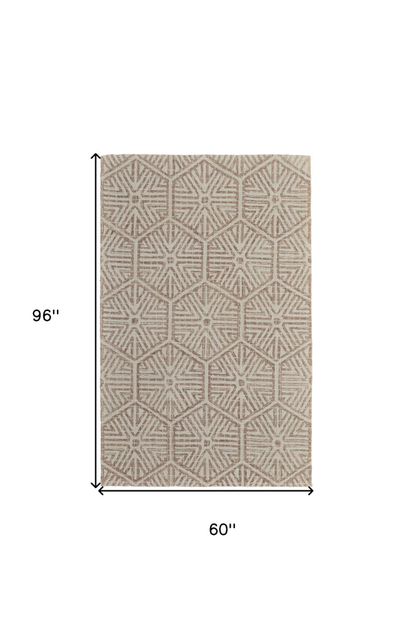Homeroots 5' X 8' Brown And Ivory Wool Geometric Hand Tufted Area Rug Ivory Wool 566112