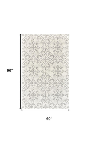 HomeRoots 5' Hand-Tufted Wool Area Rug with Floral Ivory and Gray Design for Timeless Elegance and Durability 5' X 8' 566116