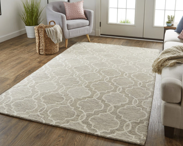 HomeRoots 10' Luxurious Ivory and Gray Wool Geometric Hand-Tufted Area Rug for Modern Living Spaces and Comfort 10' X 14' 566134