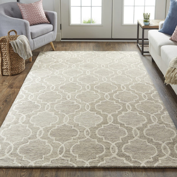 HomeRoots 10' Luxurious Ivory and Gray Wool Geometric Hand-Tufted Area Rug for Modern Living Spaces and Comfort 10' X 14' 566134