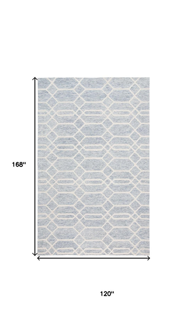 HomeRoots 10' X 14' Blue and Ivory Geometric Wool Area Rug - Hand-Tufted, Durable, Family-Friendly Style! 566140
