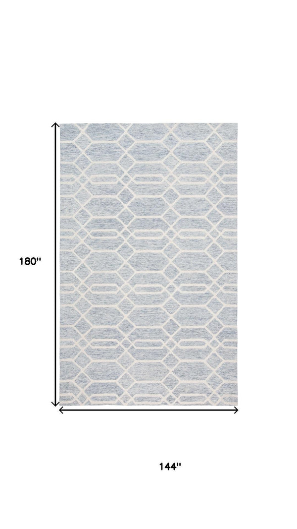 HomeRoots 12' Blue & Ivory Wool Geometric Hand-Tufted Area Rug - Luxurious, Stain-Resistant, Perfect for Large Spaces 566141