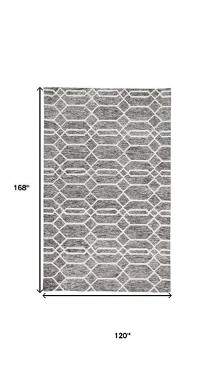 HomeRoots 10' Luxurious Gray Black and Ivory Wool Geometric Area Rug - Hand-Tufted Comfort for Your Home! 566142