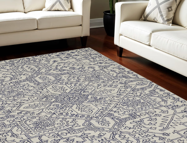 HomeRoots 10' Hand-Tufted Wool Oriental Area Rug in White and Gray - Elegant, Durable, and Stain-Resistant Design 10' X 14' 566148