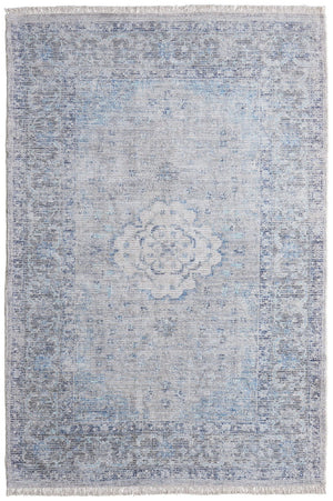 HomeRoots 4' Hand-Woven Distressed Oriental Area Rug in Gray, Blue, and Ivory with Classic Fringe Detail 4' X 6' 566157