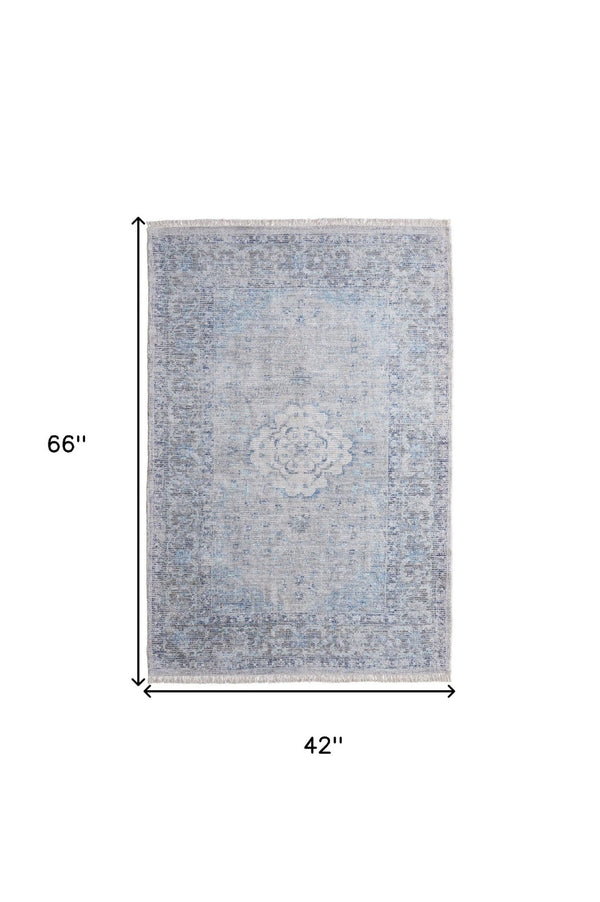 HomeRoots 4' Hand-Woven Distressed Oriental Area Rug in Gray, Blue, and Ivory with Classic Fringe Detail 4' X 6' 566157