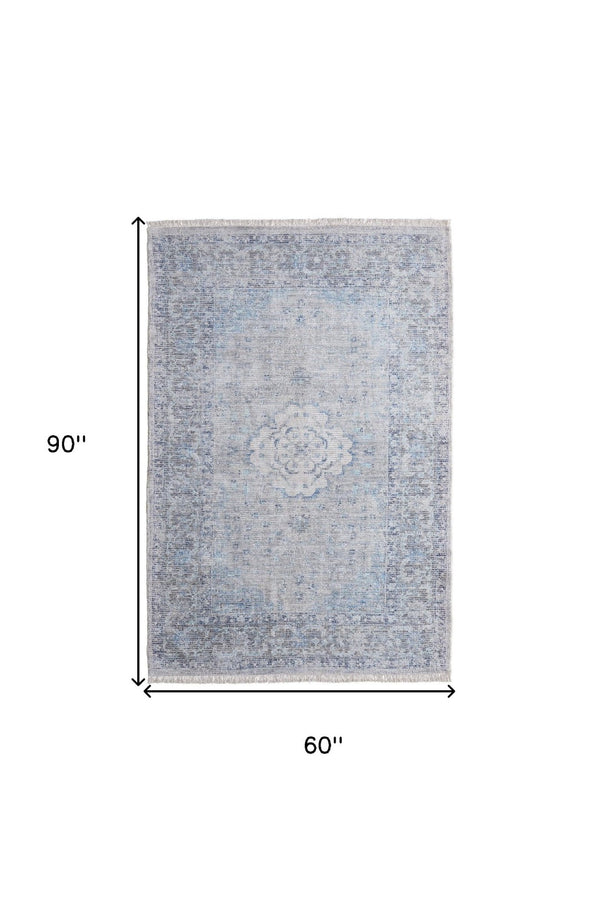 HomeRoots 4' Hand-Woven Distressed Oriental Area Rug in Gray, Blue, and Ivory with Classic Fringe Detail 5' X 8' 566158