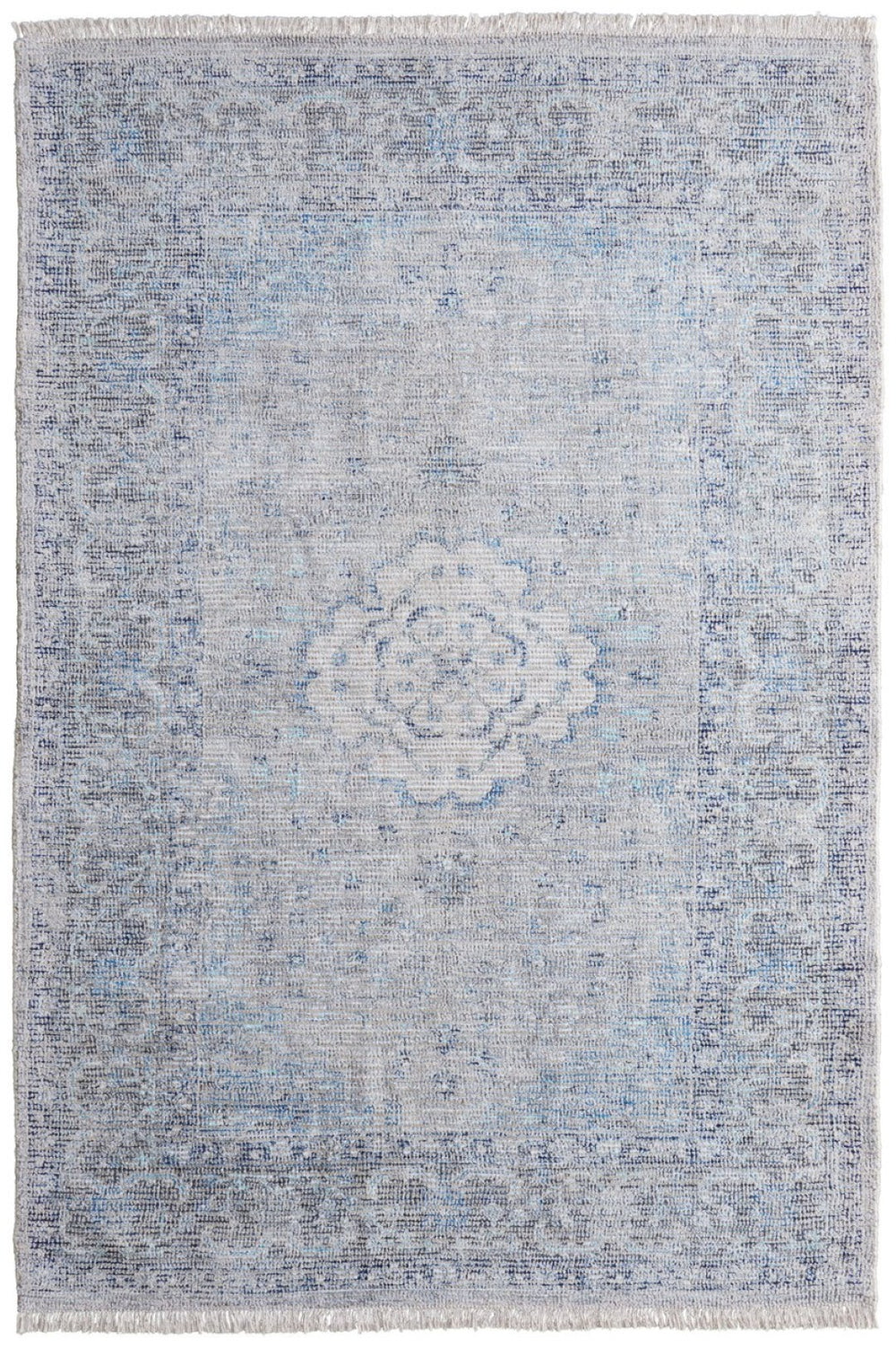HomeRoots 4' Hand-Woven Distressed Oriental Area Rug in Gray, Blue, and Ivory with Classic Fringe Detail 8' X 10' 566159