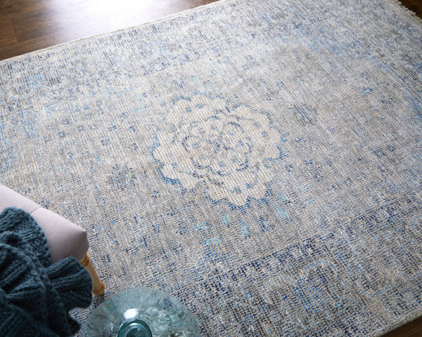 HomeRoots 4' Hand-Woven Distressed Oriental Area Rug in Gray, Blue, and Ivory with Classic Fringe Detail 9' X 12' 566160