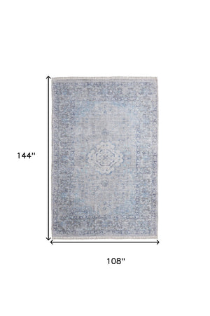 HomeRoots 4' Hand-Woven Distressed Oriental Area Rug in Gray, Blue, and Ivory with Classic Fringe Detail 9' X 12' 566160