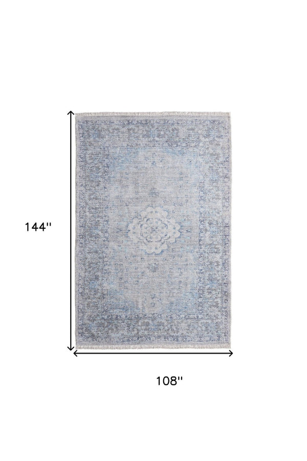 HomeRoots 4' Hand-Woven Distressed Oriental Area Rug in Gray, Blue, and Ivory with Classic Fringe Detail 9' X 12' 566160