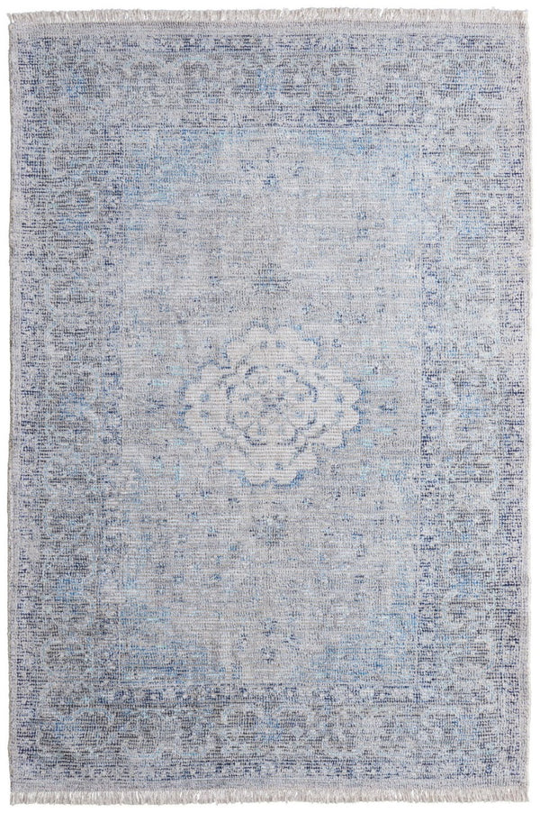 HomeRoots 4' Hand-Woven Distressed Oriental Area Rug in Gray, Blue, and Ivory with Classic Fringe Detail 9' X 12' 566160