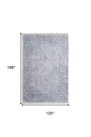 HomeRoots 4' Hand-Woven Distressed Oriental Area Rug in Gray, Blue, and Ivory with Classic Fringe Detail 10' X 14' 566161