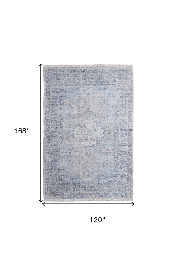 HomeRoots 4' Hand-Woven Distressed Oriental Area Rug in Gray, Blue, and Ivory with Classic Fringe Detail 10' X 14' 566161