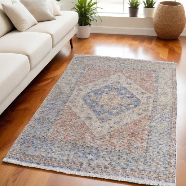 HomeRoots 4' Hand-Woven Distressed Abstract Area Rug in Rich Red, Blue & Ivory - Artisan Crafted Elegance 5' X 8' 566164