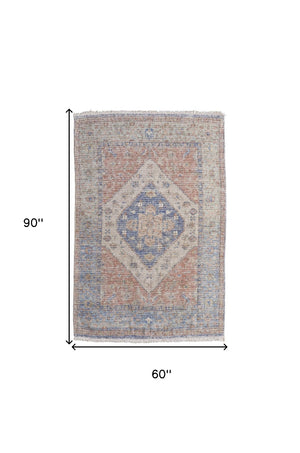 HomeRoots 4' Hand-Woven Distressed Abstract Area Rug in Rich Red, Blue & Ivory - Artisan Crafted Elegance 5' X 8' 566164