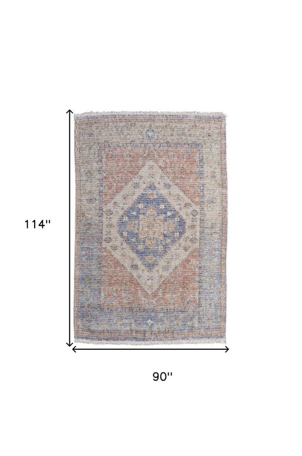 HomeRoots 4' Hand-Woven Distressed Abstract Area Rug in Rich Red, Blue & Ivory - Artisan Crafted Elegance 8' X 10' 566165