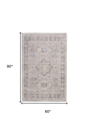 HomeRoots 4' Hand Woven Tan and Gray Oriental Area Rug - Vintage Charm with Distressed Design and Fringe 5' X 8' 566170