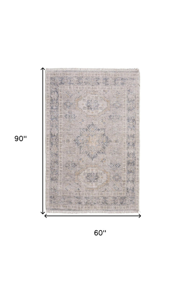 HomeRoots 4' Hand Woven Tan and Gray Oriental Area Rug - Vintage Charm with Distressed Design and Fringe 5' X 8' 566170