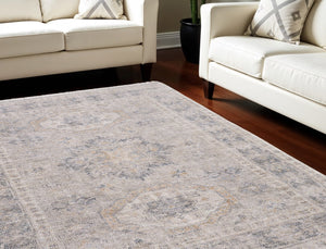 HomeRoots 4' Hand Woven Tan and Gray Oriental Area Rug - Vintage Charm with Distressed Design and Fringe 8' X 10' 566171