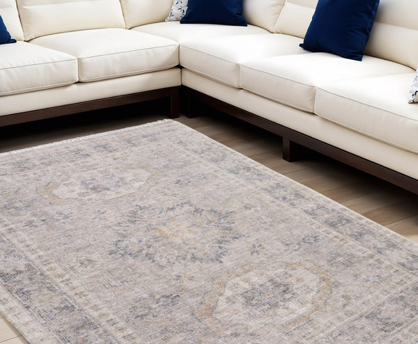 HomeRoots 4' Hand Woven Tan and Gray Oriental Area Rug - Vintage Charm with Distressed Design and Fringe 9' X 12' 566172