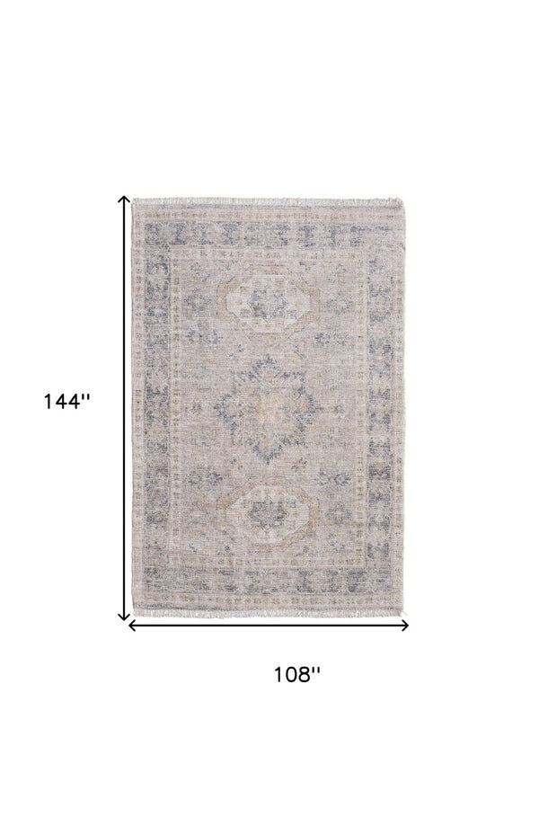 HomeRoots 4' Hand Woven Tan and Gray Oriental Area Rug - Vintage Charm with Distressed Design and Fringe 9' X 12' 566172