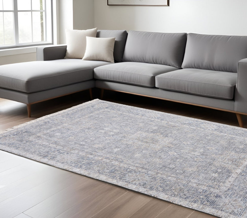 HomeRoots 4' Hand-Woven Abstract Area Rug in Gray-Blue and Taupe - Distressed Design with Fringed Edges 10' X 14' 566179
