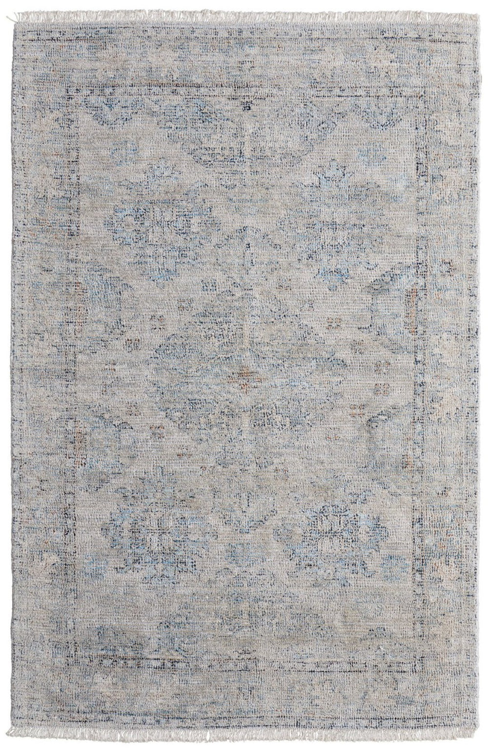 HomeRoots 4' Gray Blue and Taupe Hand-Woven Distressed Area Rug with Fringe for Timeless Home Elegance 5' X 8' 566182