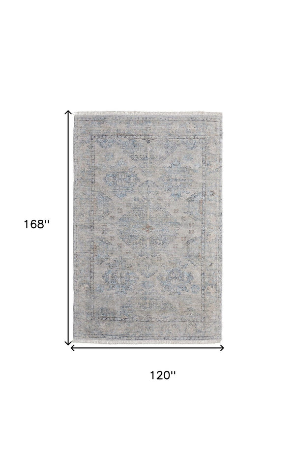 HomeRoots 4' Gray Blue and Taupe Hand-Woven Distressed Area Rug with Fringe for Timeless Home Elegance 10' X 14' 566185