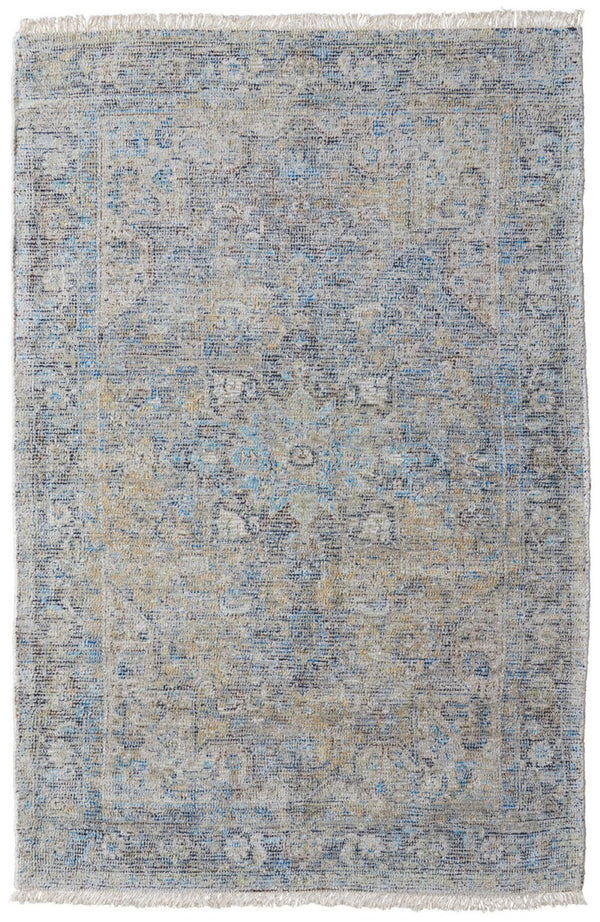 HomeRoots 4' Hand-Woven Distressed Area Rug in Gray Blue and Tan with Artistic Fringe for Modern Spaces 4' X 6' 566187