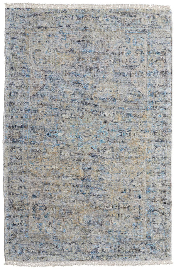 HomeRoots 4' Hand-Woven Distressed Area Rug in Gray Blue and Tan with Artistic Fringe for Modern Spaces 8' X 10' 566189