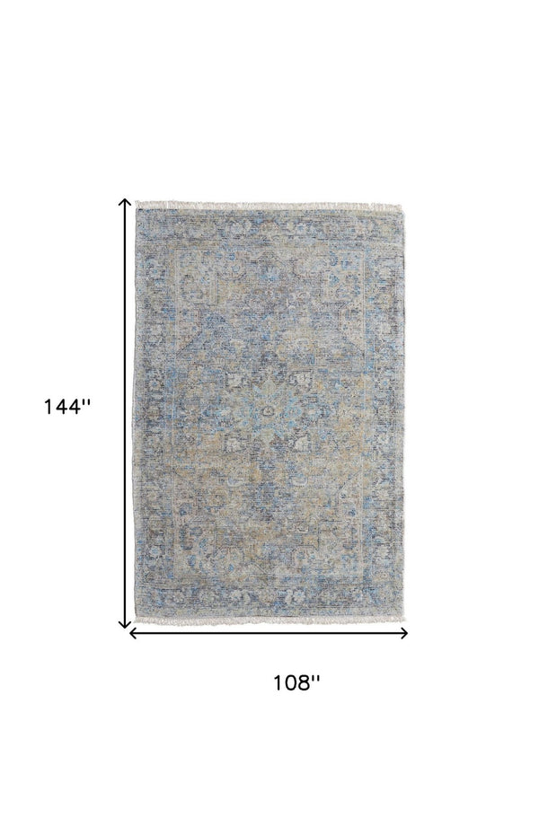 HomeRoots 4' Hand-Woven Distressed Area Rug in Gray Blue and Tan with Artistic Fringe for Modern Spaces 9' X 12' 566190