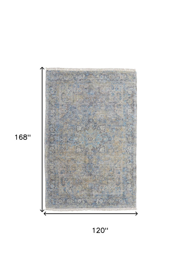HomeRoots 4' Hand-Woven Distressed Area Rug in Gray Blue and Tan with Artistic Fringe for Modern Spaces 10' X 14' 566191