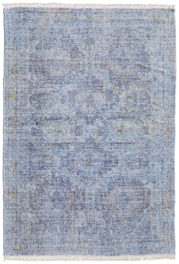 HomeRoots 4' Blue and Ivory Abstract Hand-Woven Area Rug with Fringed Tassels – Unique Distressed Design 4' X 6' 566198